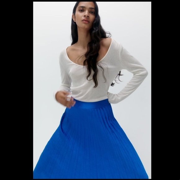 Zara Blue Satin Effect Pleated Midi Skirt - Picture 6 of 10